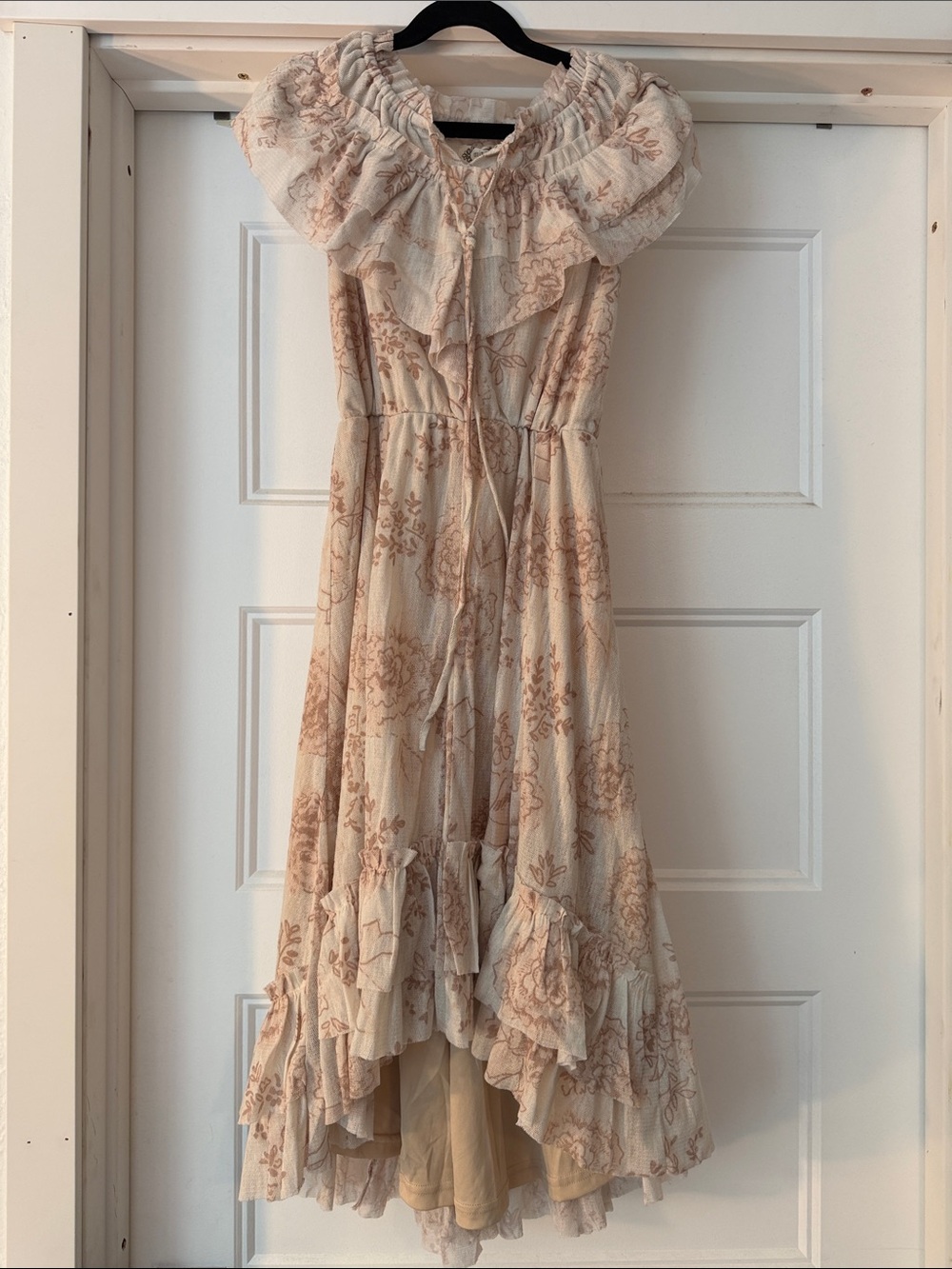 Girls' Cream Floral Ruffle Casual Dress with Peach Print
